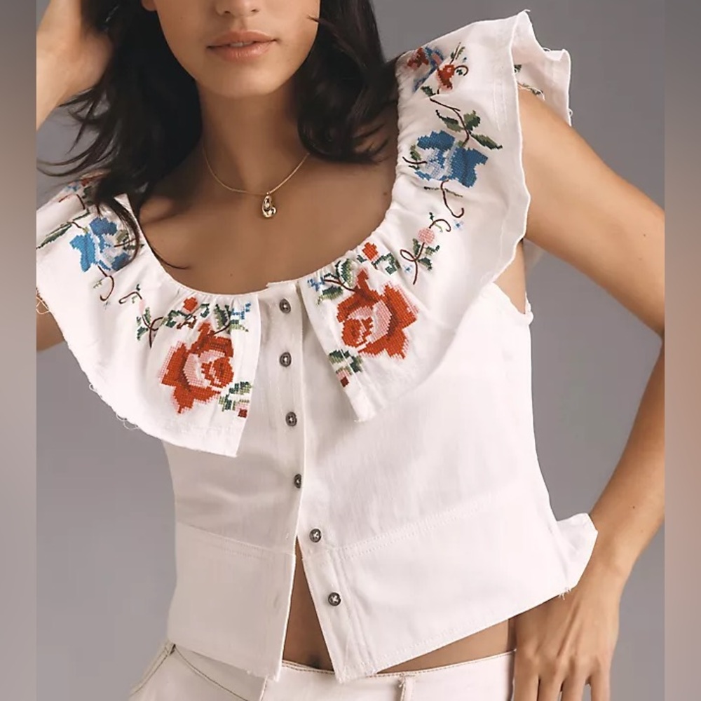 Anthropologie Pilcro Embellished Ruffle Collar Top